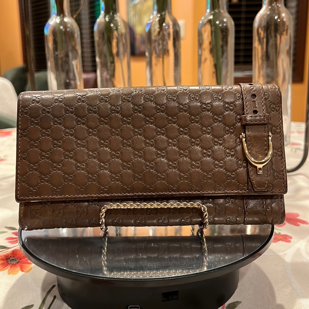 Gucci Brown Embossed Leather Shoulder Clutch with Gold Accent